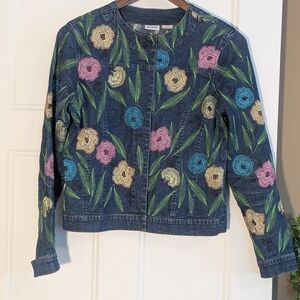 Acorn Floral Embroidered Jean Jacket - Blue, Pink, Green, Yellow. Linen Blend.